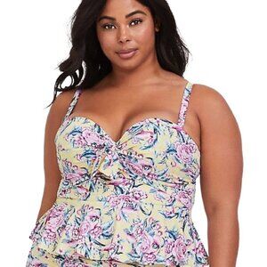 Torrid Peplum Midkini Swim Top Women Size 1S Flamingo Floral Tie Front Underwire